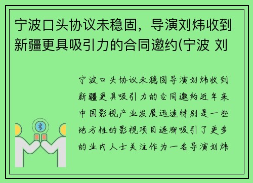 宁波口头协议未稳固，导演刘炜收到新疆更具吸引力的合同邀约(宁波 刘伟)