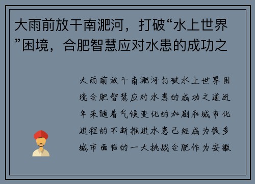 大雨前放干南淝河，打破“水上世界”困境，合肥智慧应对水患的成功之道