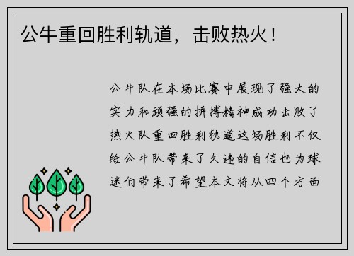 公牛重回胜利轨道，击败热火！