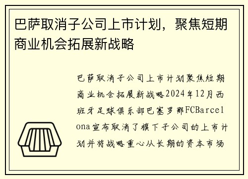 巴萨取消子公司上市计划，聚焦短期商业机会拓展新战略