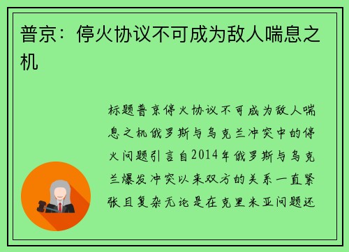 普京：停火协议不可成为敌人喘息之机