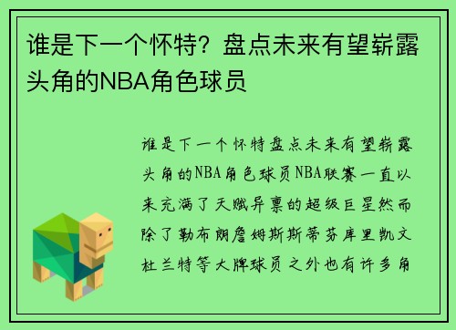 谁是下一个怀特？盘点未来有望崭露头角的NBA角色球员