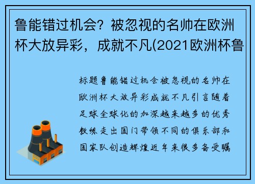 鲁能错过机会？被忽视的名帅在欧洲杯大放异彩，成就不凡(2021欧洲杯鲁尼没上场)
